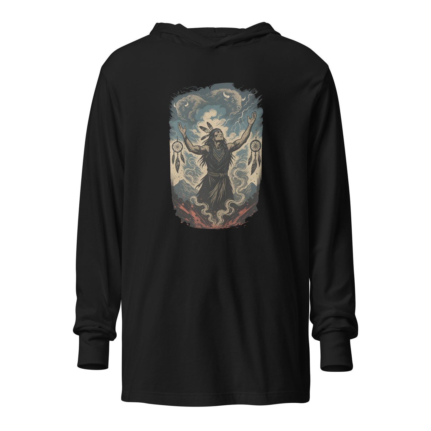 Sky Stampede Hooded Long Sleeve Tee – Wild Spirit Energy Shirt by Mernog