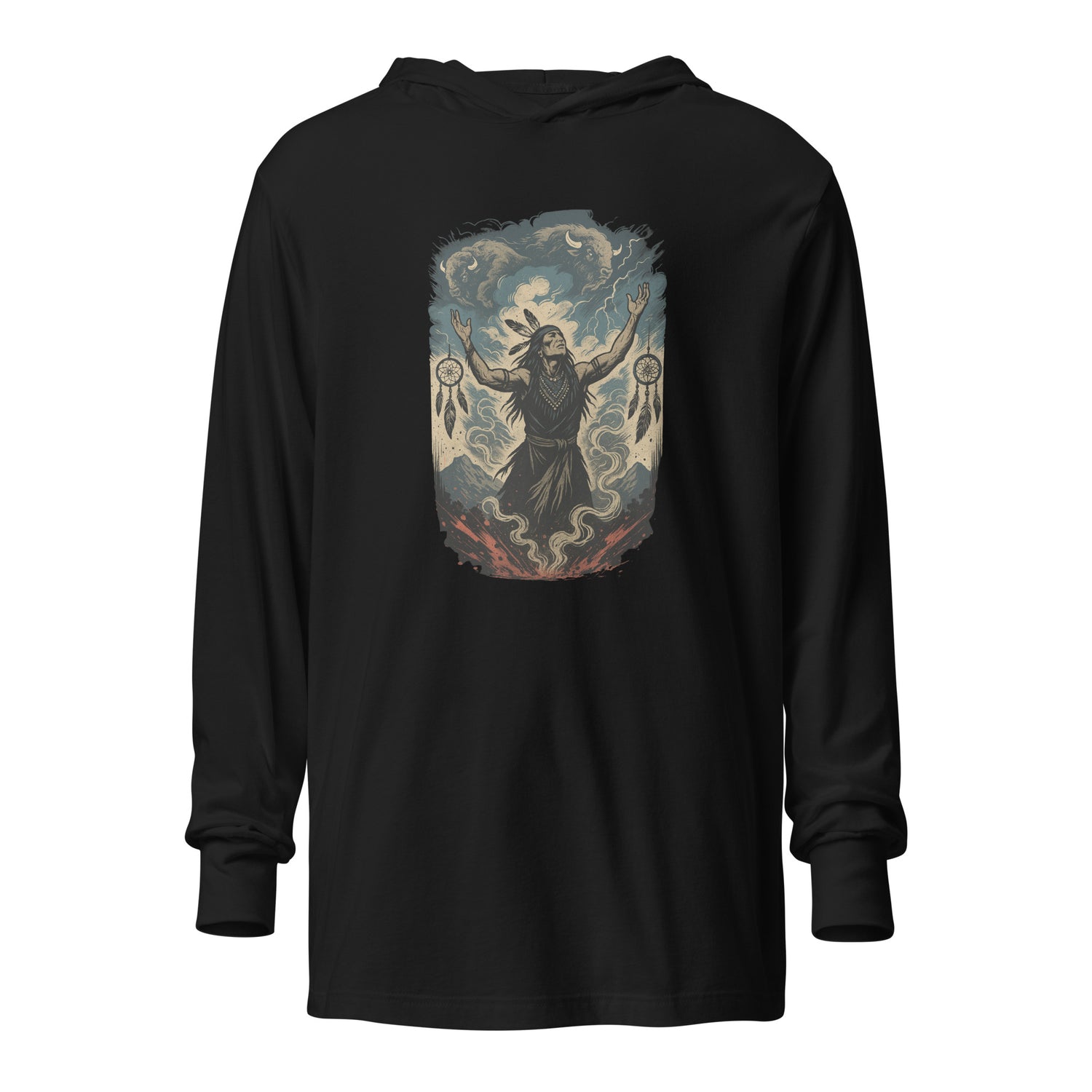 Sky Stampede Hooded Long Sleeve Tee – Wild Spirit Energy Shirt by Mernog
