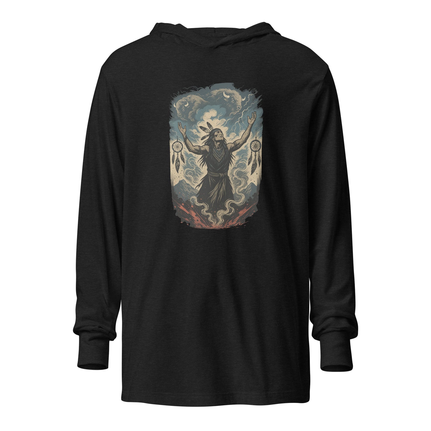 Sky Stampede Hooded Long Sleeve Tee – Wild Spirit Energy Shirt by Mernog