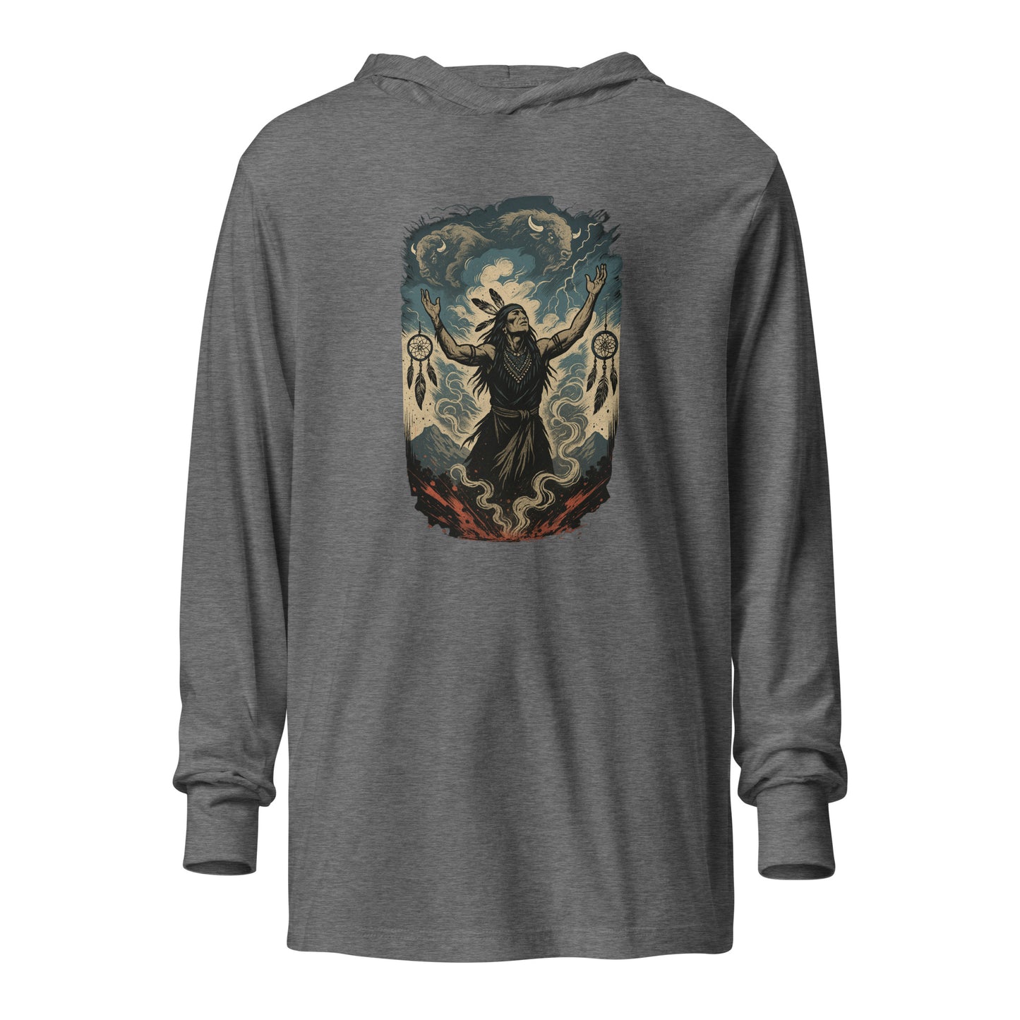 Sky Stampede Hooded Long Sleeve Tee – Wild Spirit Energy Shirt by Mernog