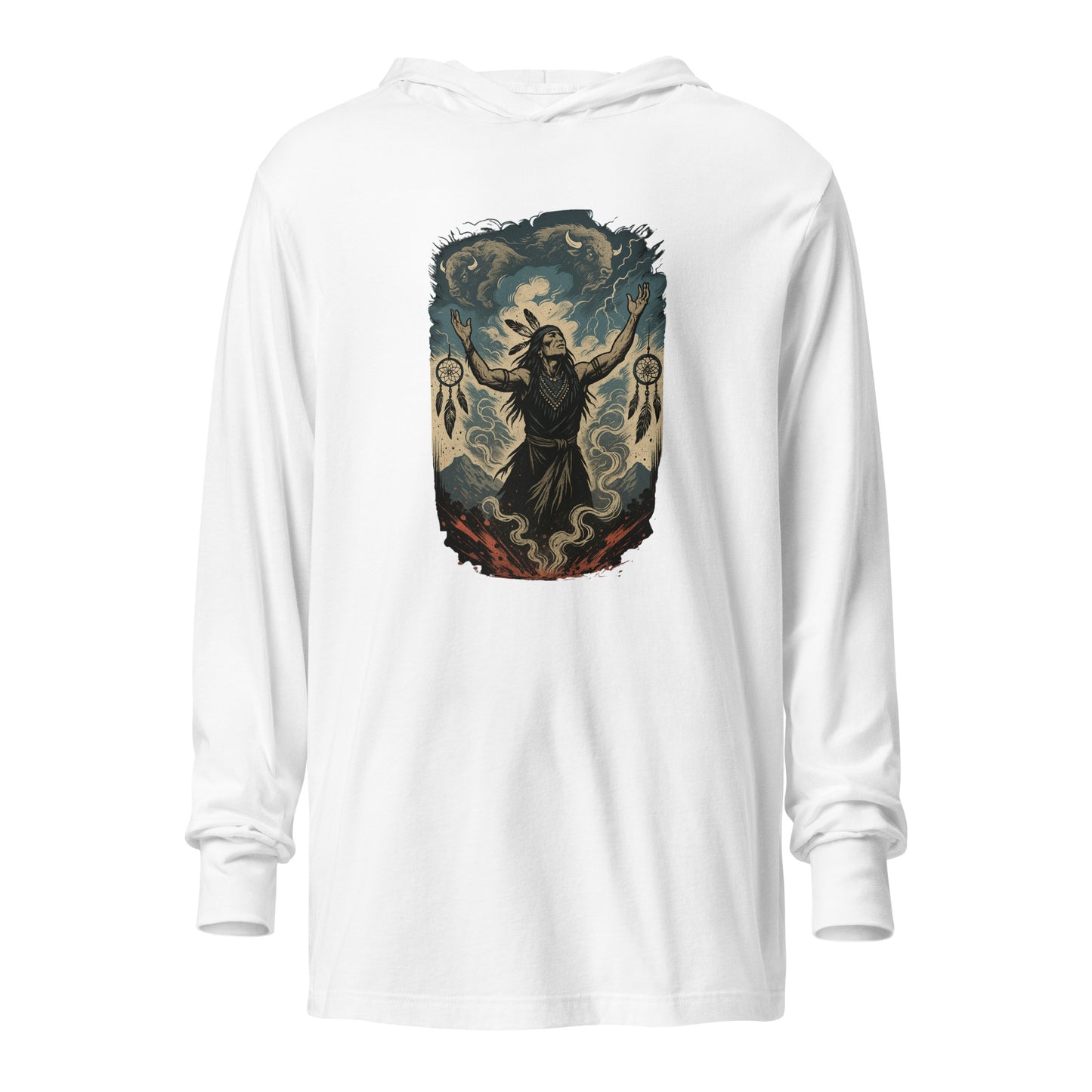 Sky Stampede Hooded Long Sleeve Tee – Wild Spirit Energy Shirt by Mernog